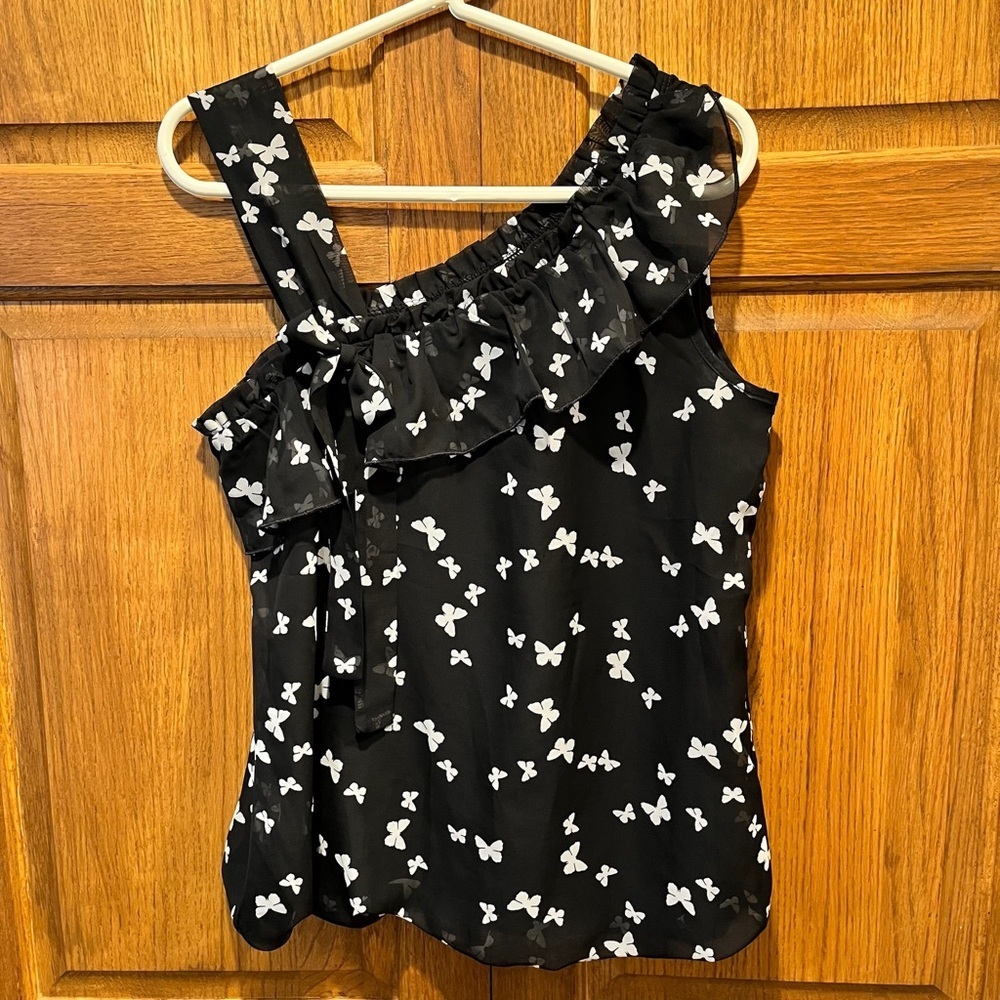 Maurices Chiffon Black Tank Top with White Butterfly Novelty Print - Size Medium